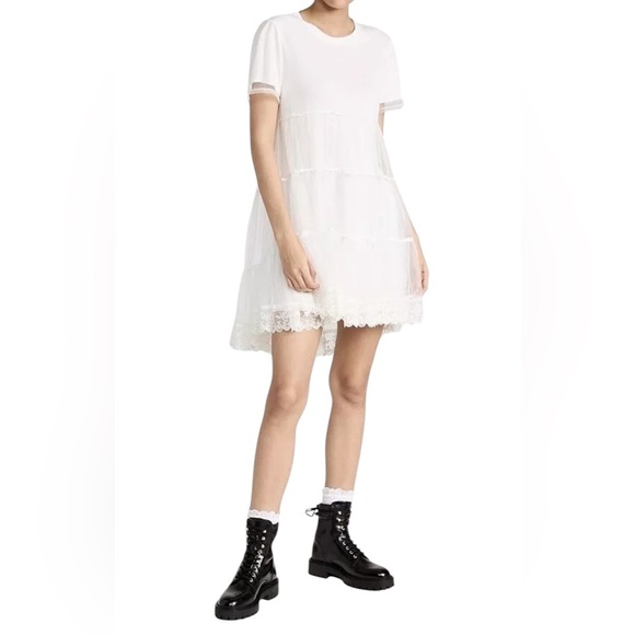 Alice & Olivia Off White Babydoll Dreema Tulle Tee Lace Tiered Mini Dress size L - Picture 3 of 15